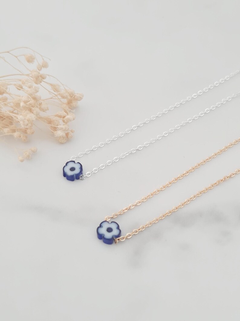 Me Not Flower Necklace, Tiny Blue and White Flower Necklace