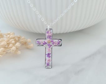 Pink and Purple Flower Mustard Seed Cross Necklace, Mustard Seed Pendant, Silver Flower Cross, Christian Gifts, Holy Communion Jewellery,
