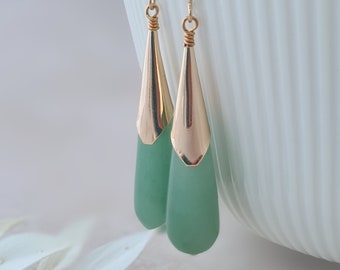 Long Jade Drop Earrings, Gold Jade Earrings, Gifts for Women UK, Jade Earrings Dangle, 35th Wedding Anniversary Gifts, Green Stone Earrings