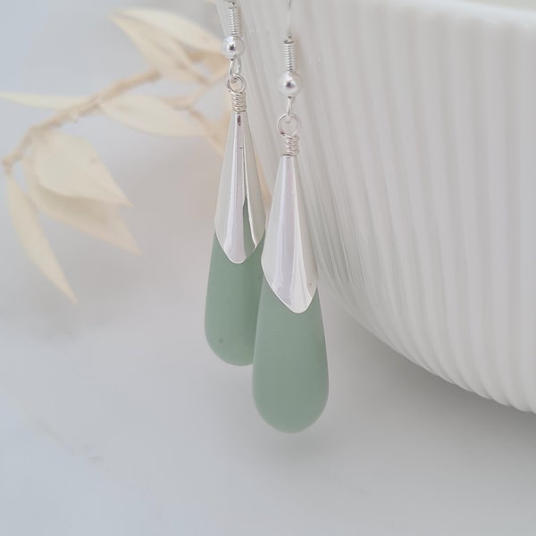 Silver Jade Drop Earrings, Long Dangle, Green Gemstone, Jade Jewellery, Green Gemstone Gifts