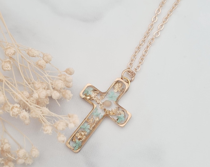 Gold Turquoise Mustard Seed Cross Necklace, Religious Faith Jewellery, Mustard Seed Necklace, Graduation Gift, Flower Cross, Christian Gifts