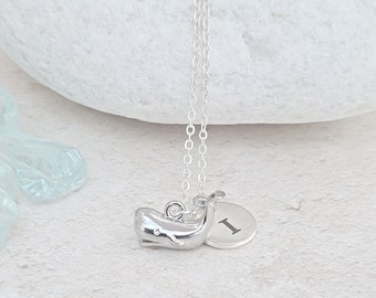 Whale Necklace, Personalised Whale Pendant, Shiny Whale, Sea Life Jewellery, Save the Whale, Orca Whale, Sea Mammal, Engraved Initial Whale