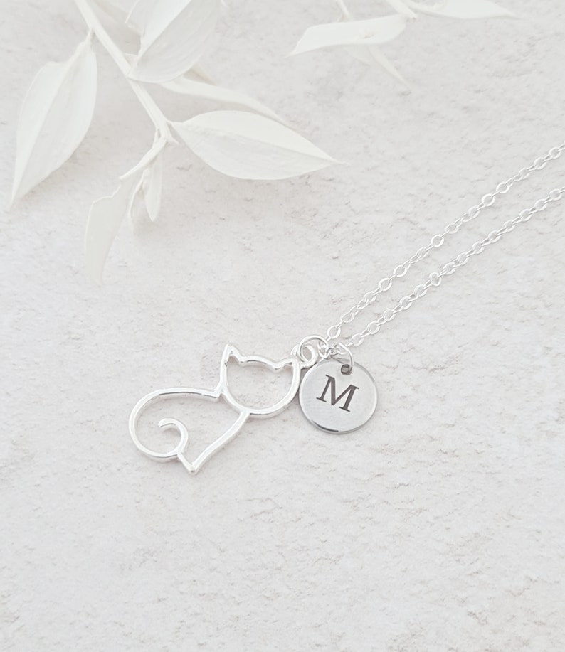 Personalised Cat Necklace, Cat and Initial Pendant, Cat Lover Gift, Silhouette Cat, Cat Jewellery, Cat Lady Gift, Pet Jewellery, Pet Gifts image 3