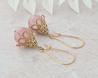 Cherry Quartz Earrings, Filigree Dangle Earrings, Pink Gemstone Ear Jewellery, Victorian Inspired Frilly Earrings, Mother's Day Gifts