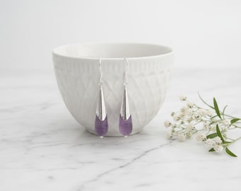 Purple Amethyst Teardrop Earrings, Silver Faceted Gemstone Earrings, February Birthday Gift, Minimalist Purple Gemstone Jewellery