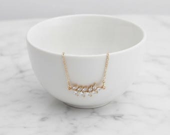 Dainty Gold Crystal Leaf Necklace, Sparkly CZ Horizontal Vine Pendant, Bridesmaid Necklace, Minimalist Nature Inspired Gift for Her