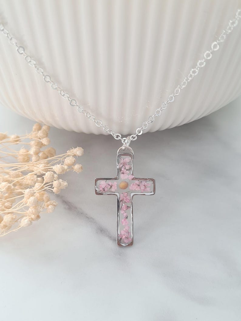 Mustard Seed & Pink Flower Cross Necklace, Gold or Silver Floral Cross, Religious Jewellery, Mustard Seed Necklace image 5