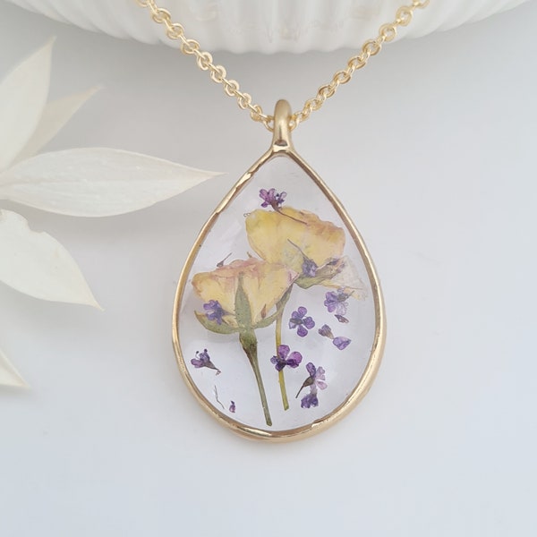 Yellow Rose Necklace, Rose Pendant, Vintage Floral Jewellery, Bridesmaid Necklace, Bride Jewellery, Real Pressed Rose, Botanical Gifts
