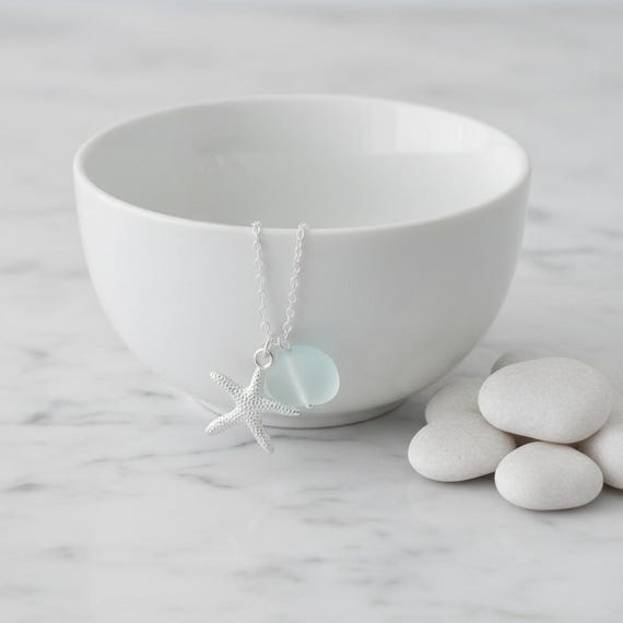 Pale Blue Sea Glass Necklace, Silver Starfish Pendant, Cultured Beach Glass Charm, Layering Ocean Beach Jewellery Gift, Seaside Jewellery