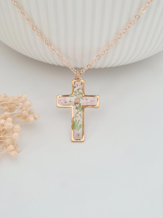 Mustard Seed Cross Pendant with Fern Leaf and Pink Flowers, Holy Communion Gifts, Christian Jewellery, Mustard Seed Necklace, Religious