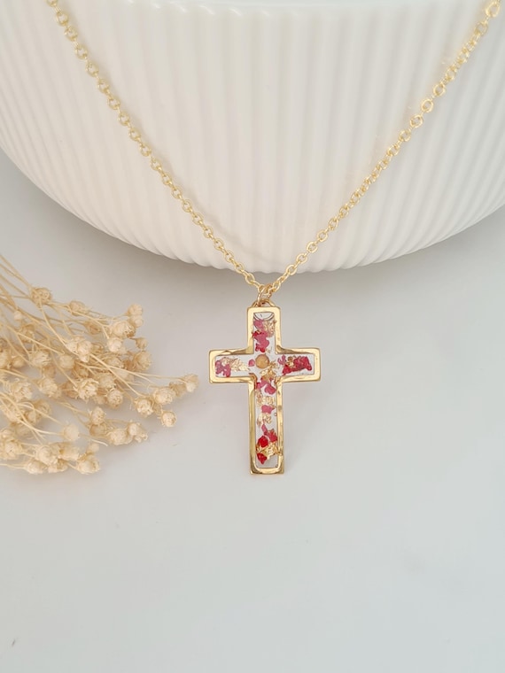Mustard Seed Cross Pendant, Gold and Red Flower Cross, Christian Necklace, Religious
