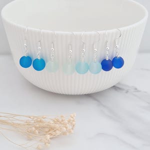 Cultured Sea Glass Earrings, Frosted Blue Glass Beads, Minimalist Silver Earrings, Sea Glass Jewellery, Gift for Her, Blue Jewellery