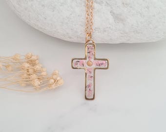 Mustard Seed & Pink Flower Cross Necklace, Gold or Silver Floral Cross, Religious Jewellery, Mustard Seed Necklace