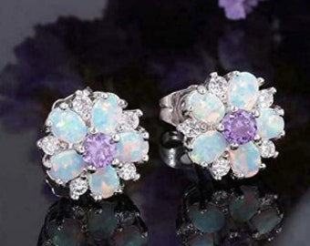 Silver Opal Amethyst Flower Earrings - Opal Gauges-  Flower Gauges - Opal Earrings - Christmas Gift - 8g 6g 4g 2g 0g 00g  6mm 8mm 10mm