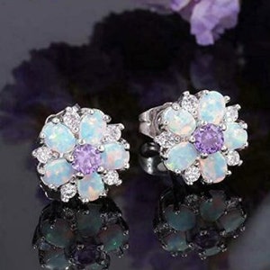 Silver Opal Amethyst Flower Earrings - Opal Gauges-  Flower Gauges - Opal Earrings - Christmas Gift - 8g 6g 4g 2g 0g 00g  6mm 8mm 10mm