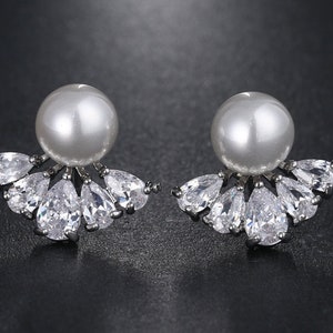 PAIR Silver Pearl Teardrops Crystal Bridal Wedding Tunnels Gauges Plugs Earrings 0g 00g 7/16 1/2 8mm 9mm 11mm 12mm image 1