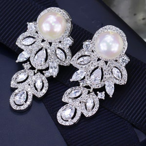 Pair Pearl Leaf Dangle Drops SILVER Wedding Gauges tunnels Plugs earring 8g 6g 4g 2g 0g 00g 7/16 1/2 3mm 4mm 5mm 6mm 8mm 10mm 11mm 12mm image 2