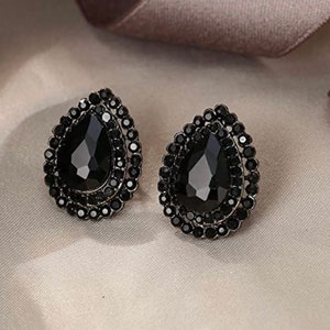 Black Elegant Teardrop Rhinestone Earrings Jewelry Gauges Plugs Studs 1/2" 12mm 9/16" 14mm 5/8" 16mm 11/16" 17mm 3/4" 19mm