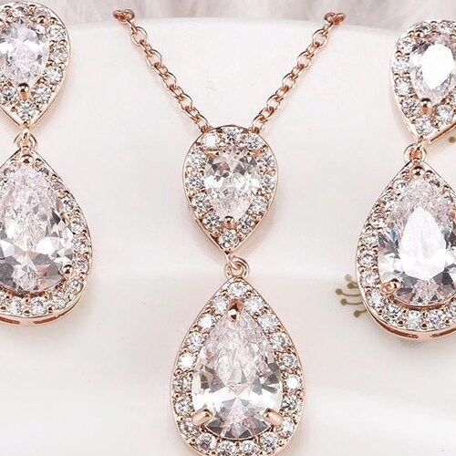 SET Necklace & Gauges Earrings ROSE GOLD Small Dangle Crystal Etsy