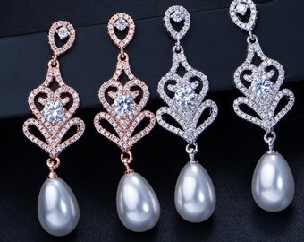 PAIR ROSE GOLD Water-Drop Pearl Crystal Long Earrings Elegant Bridal Wedding Gauges Plugs 8g 6g 4g 2g 3mm 4mm 5mm 6mm