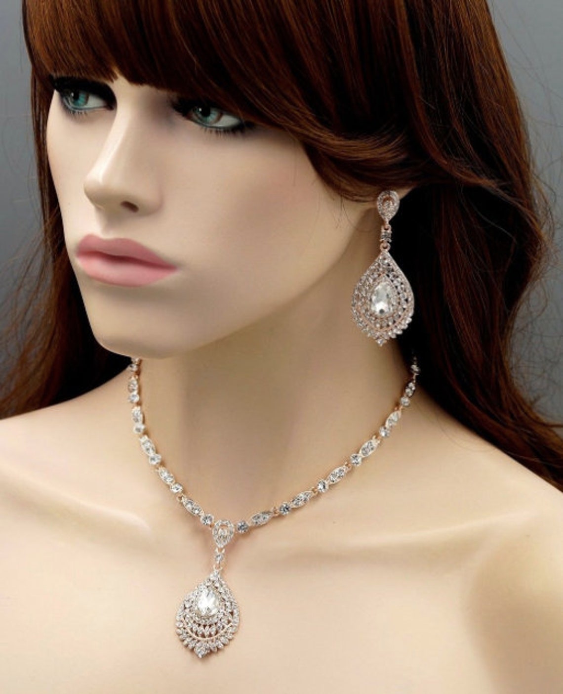 SET Necklace & Gauges Earrings ROSE GOLD Crystal Rhinestone Etsy