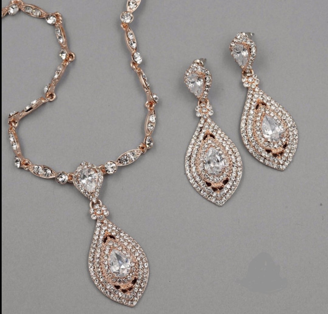 SET Necklace & Gauges Earrings Rose Gold Crystal Bridal Drop Etsy