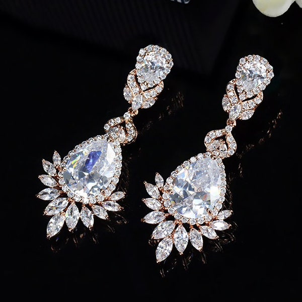 Rose Gold Elegant Wedding Crystal Zircon #dangles #drops #gauges #plugs #earrings 8g 6g 4g  2g 0g 00g 3mm 4mm 5mm 6mm 8mm 10mm