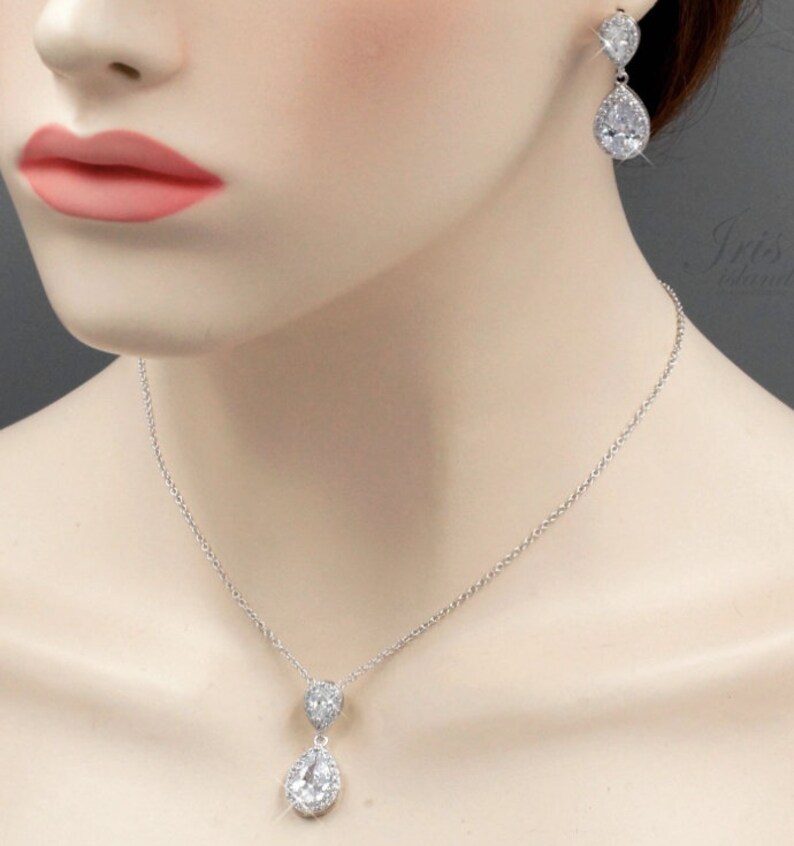 SET Necklace & Gauges Earrings SILVER Small Dangle Crystal Etsy