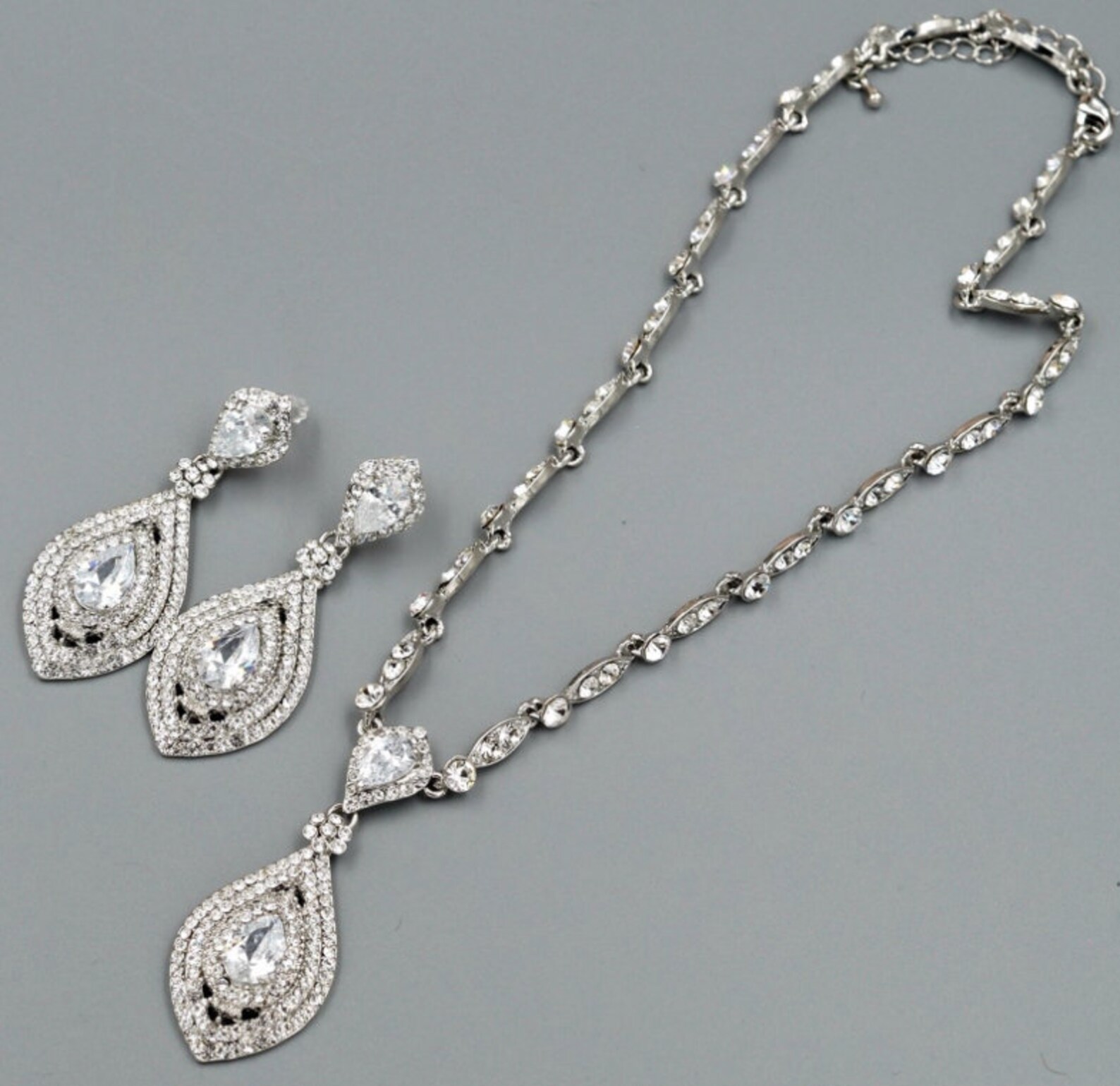 SET Necklace & Gauges Earringssilver Crystal Bridal Drop Etsy