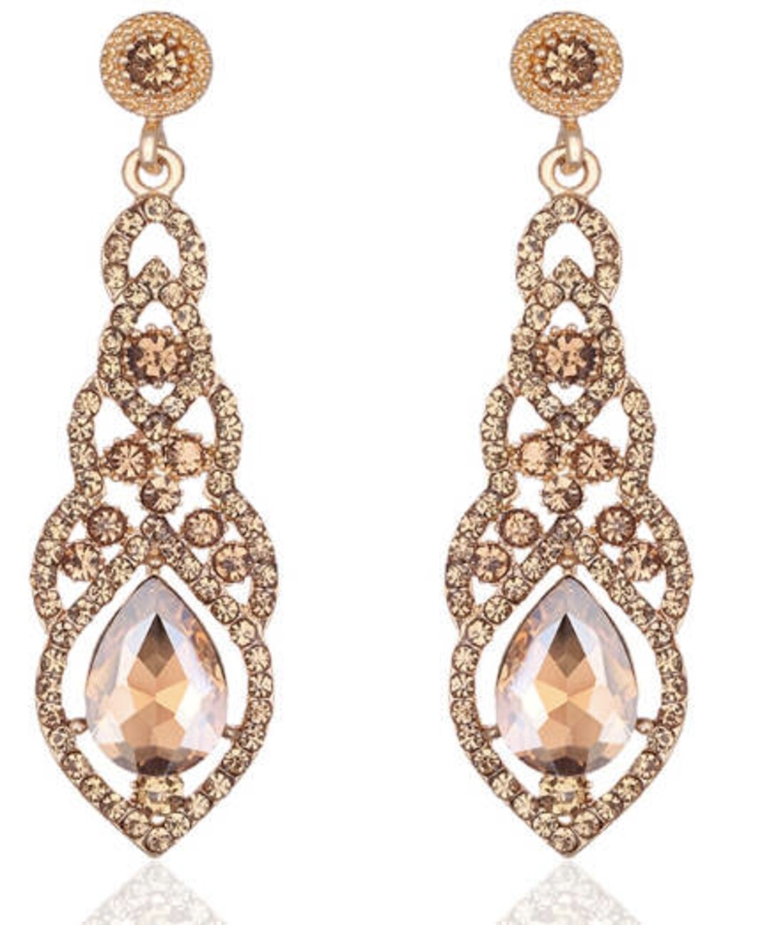 Water-drop Crystal Drop Long Earrings Champagne Elegant Bridal Wedding Gauges Plugs 8g 6g 4g 2g ...