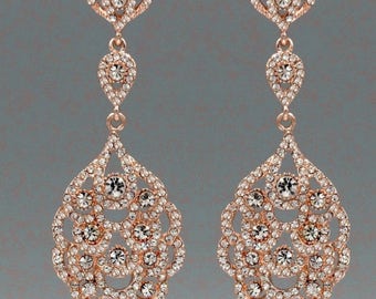 PAIR Long ROSE GOLD Crystal Rhinestone Bridal Chandelier Plugs Gauges Earrings 2g 0g 00g 7/6" 1/2" 6mm 8mm 10mm 11mm 12mm