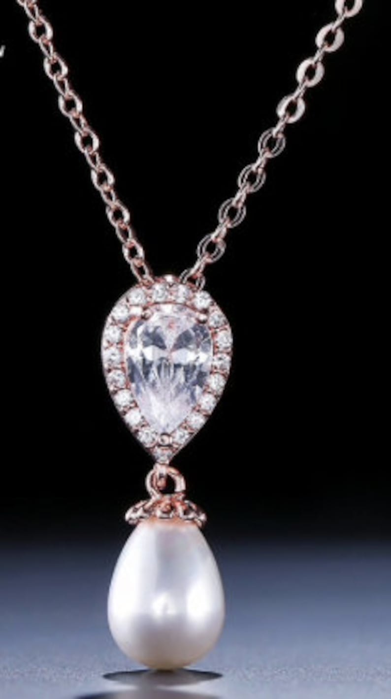 SET Necklace & Gauges Earrings Rose Gold Drop Pearl Zircon Etsy