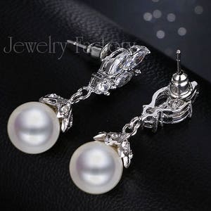 Ivory Pearl Silver Drops Vintage Marquise Shape CZ earrings Prom Bridal Wedding Gauges tunnels Plugs 8g 6g 4g 2g 0g 3mm 4mm 5mm 6mm 8mm image 2