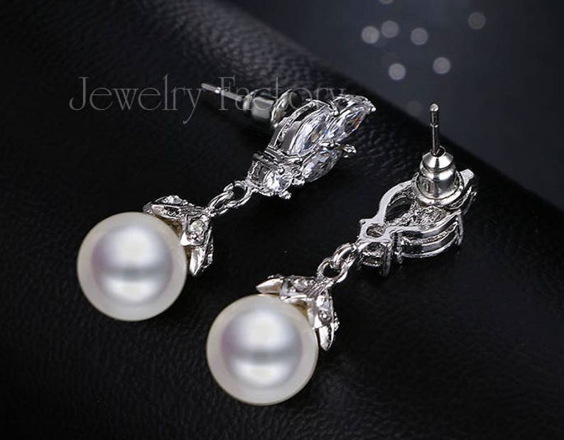 Ivory Pearl Silver Drops Vintage Marquise Shape CZ earrings Prom Bridal Wedding Gauges tunnels Plugs 8g 6g 4g 2g 0g 3mm 4mm 5mm 6mm 8mm image 2