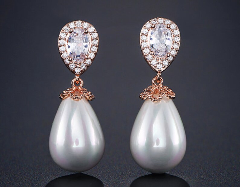 SET Necklace & Gauges Earrings Rose Gold Drop Pearl Zircon Etsy