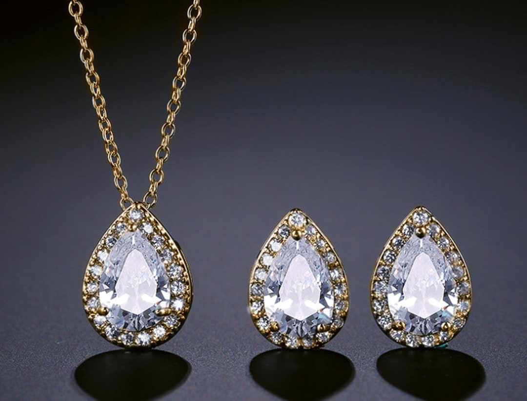 SET Necklace & Gauges Earrings GOLD Small Teardrop Crystal Etsy