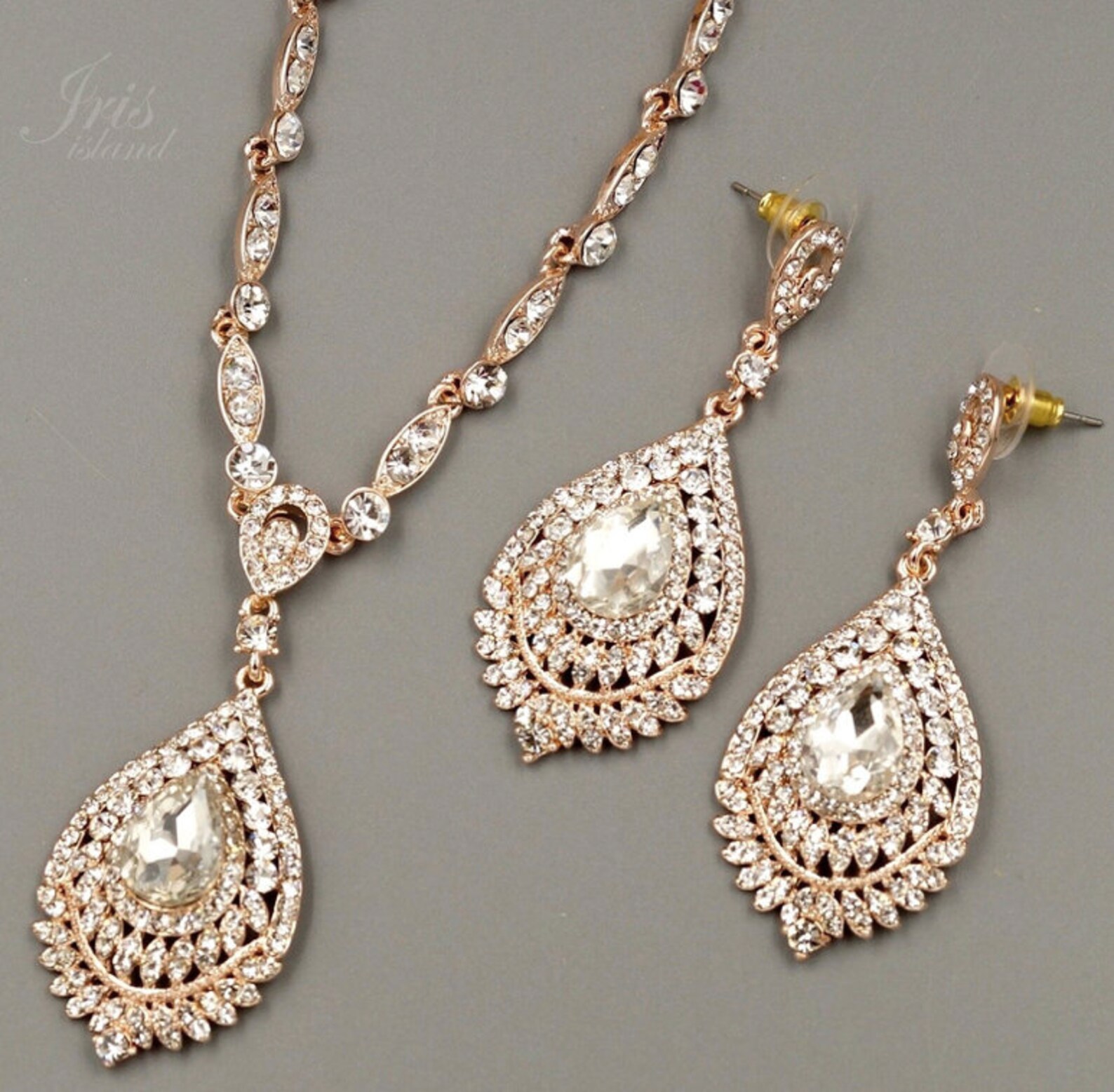 SET Necklace & Gauges Earrings ROSE GOLD Crystal Rhinestone Etsy