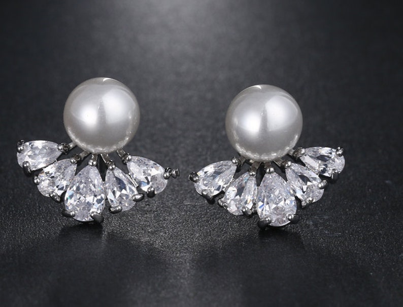 PAIR Silver Pearl Teardrops Crystal Bridal Wedding Tunnels Gauges Plugs Earrings 0g 00g 7/16 1/2 8mm 9mm 11mm 12mm image 1