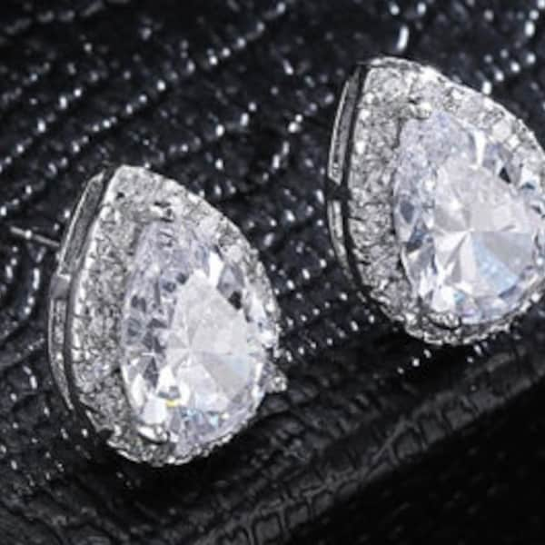 Silver Teardrop Gauges - Wedding Earrings - Prom Gauges - CZ Stud Earrings  - Jewelry - 8g 6g 4g 2g 0g 00g 7/16" 1/2" 6mm 8mm 10mm 11mm 12mm