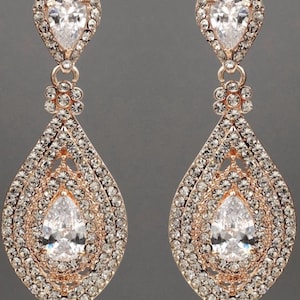 PAIR Rose Gold Crystal Rhinestone Bridal Drop Chandelier Prom Wedding gauges plugs earrings 2g 0g 00g 7/16 1/2 6mm 8mm 9mm 11mm 12mm image 1