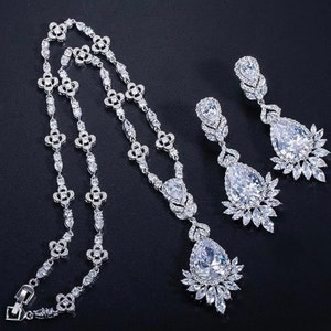 Silver Wedding Dangle Gauges Necklace SET Earrings Plugs Ear Tunnels Bridal Jewelry 8g 6g 4g 2g 0g 00g 3mm 4mm 5mm 6mm 8mm 10mm image 3