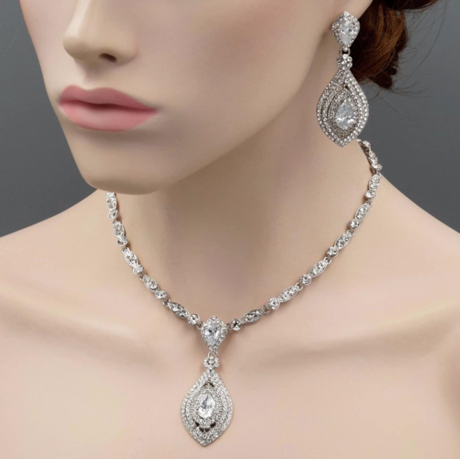 SET Necklace & Gauges Earringssilver Crystal Bridal Drop Etsy