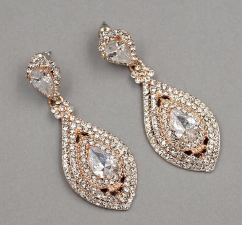 PAIR Rose Gold Crystal Rhinestone Bridal Drop Chandelier Prom Wedding gauges plugs earrings 2g 0g 00g 7/16 1/2 6mm 8mm 9mm 11mm 12mm image 3