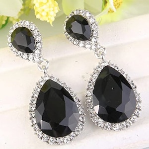 Black and Silver Teardrop Dangle Gauges - Prom Gauges - Crystal Gauges - Earrings - 2g 0g 00g 7/16" 1/2" 9/16" 6mm 8mm 10mm 11mm 12mm 14mm