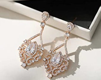 Luxurious Chandelier Gauges - Weddings Earrings - Dangle Plugs - Crystal Zircon ROSE GOLD Bridal Tunnels 8g 6g 4g 2g 0g 3mm 4mm 5mm 6mm 8mm