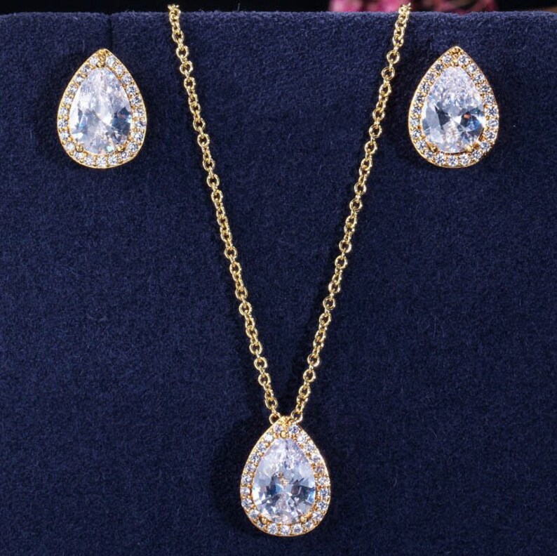 SET Necklace & Gauges Earrings GOLD Small Teardrop Crystal Etsy