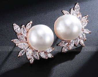 Rose Gold Pearl Floral Earrings  - Pearl Gauges - Bridesmaid Gift - Pearl Plugs - Wedding Gauges - Wedding Plugs - Wedding Jewelry