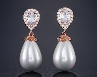 PAIR ROSE GOLD Water Drop Dangle Pearl Zircon earrings Prom Bridal Wedding Gauges tunnels Plugs 8g 6g 4g 2g 0g 3mm 4mm 5mm 6mm 8mm