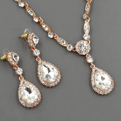 SET Necklace & Gauges Earrings ROSE GOLD Small Dangle Crystal Etsy