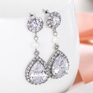 PAIR Silver Dangle Crystal Pearl Round Top Wedding Dangles Prom gauges plugs tunnels earrings 8g 6g 4g 2g 0g 3mm 4mm 5mm 6mm 8mm image 1